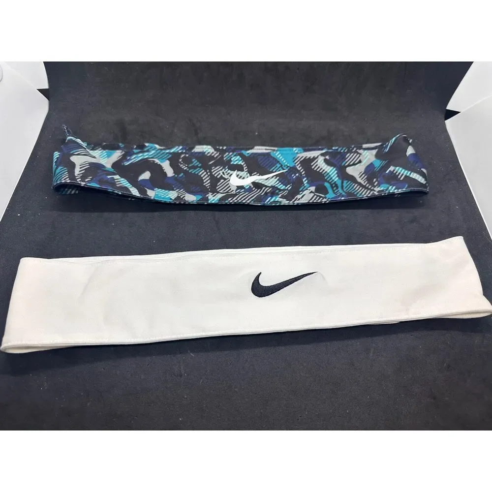 2 Nike Logo Headband Head‎ Wrap  Athletic Sport White & Blues Unisex 1 Size